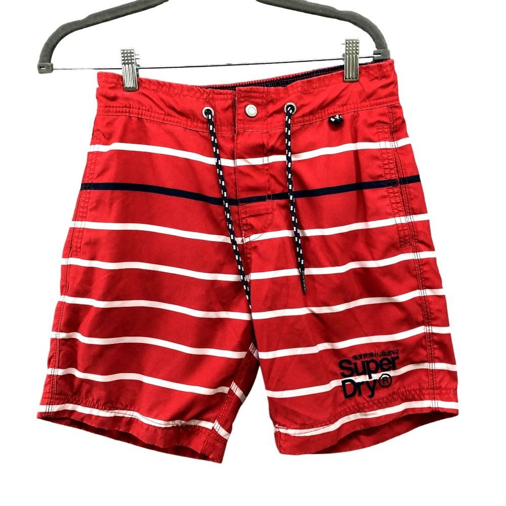 Superdry Swim Trunks Mens Small S Red White Striped Mesh Lined Cargo‎ Pocket